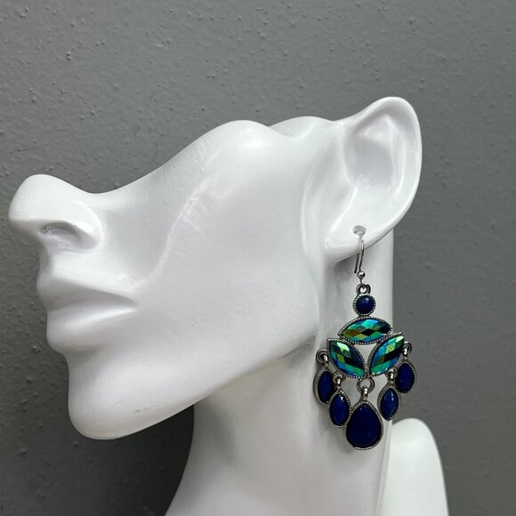 Chandelier Earrings Blue Iridescent Rhinestone Peacock Silver Tone Dangle Boho - Picture 4 of 7